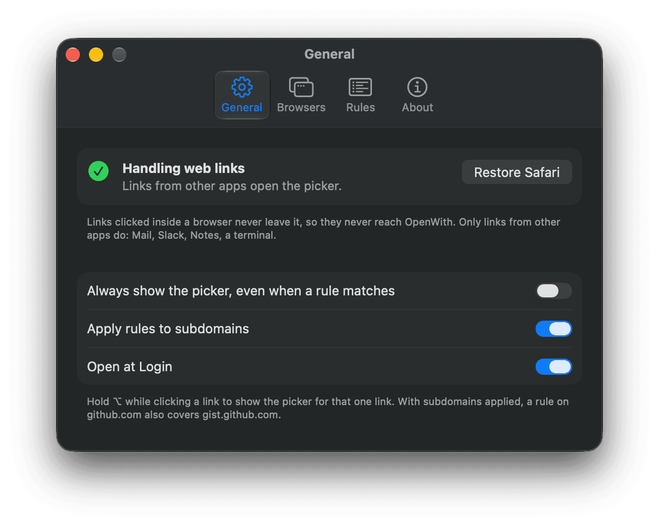 The General tab of OpenWith settings